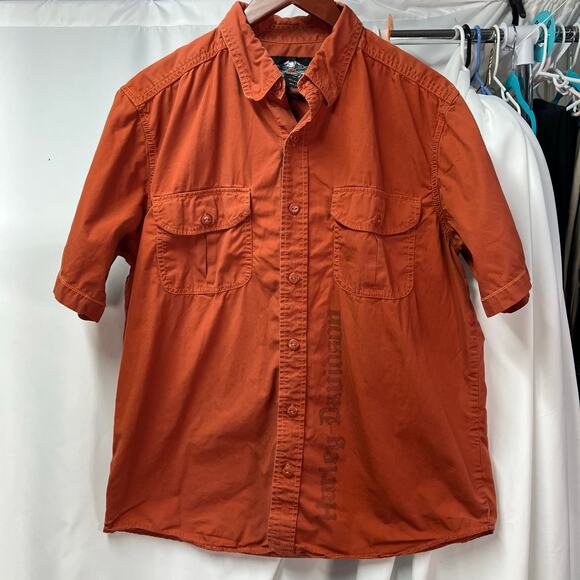 Harley Davidson Men's Holdout Shirt Large Orange Logo short sleeve button Up - Picture 2 of 15